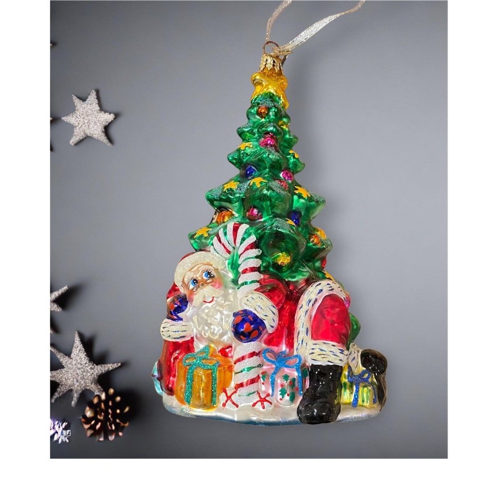 Christopher Radko Ornament SANTA in Tree Pose,  8” Blown Glass Made in Poland
